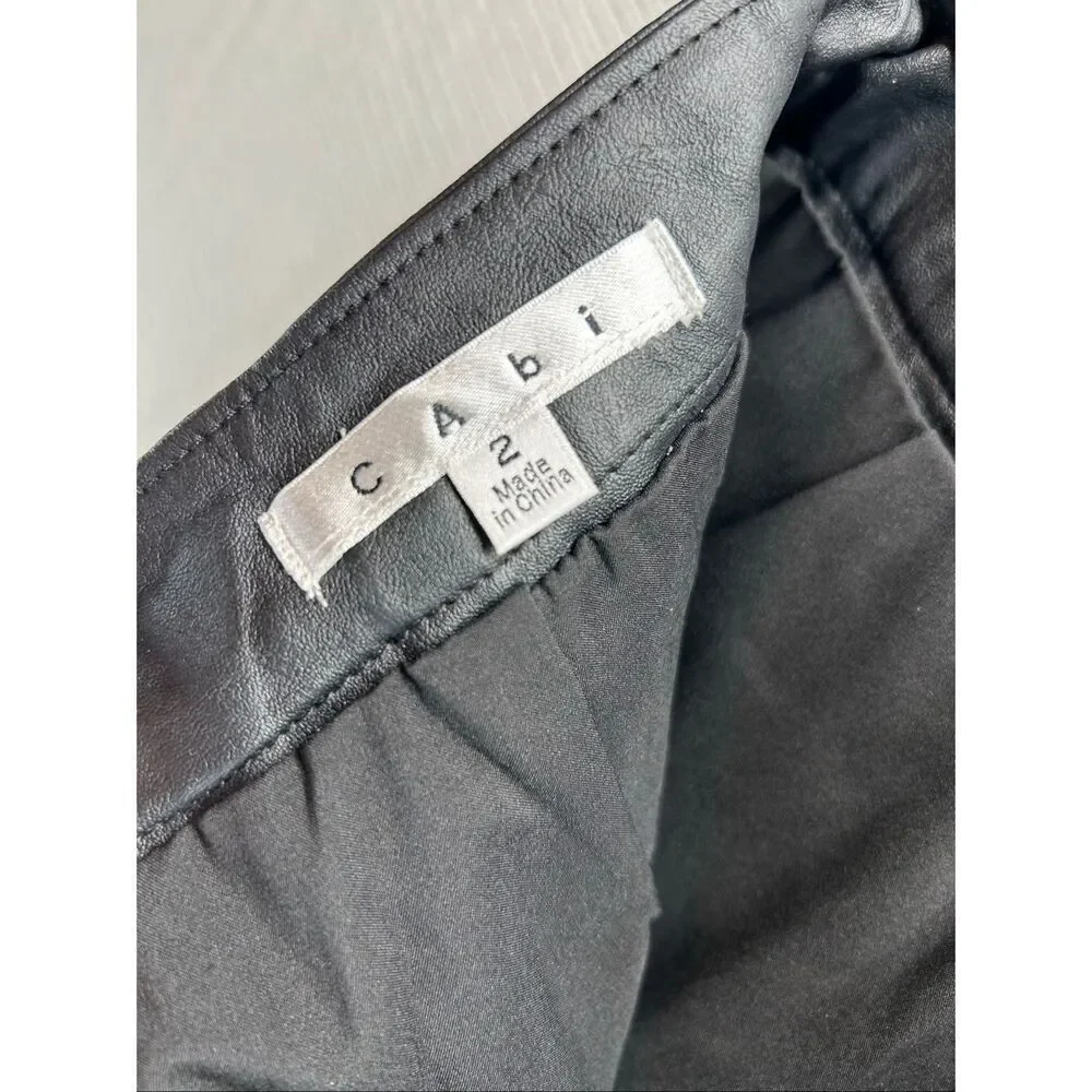 CAbi Black Faux Leather Pencil Skirt Size 2 Moto Zip Back Slit Lined